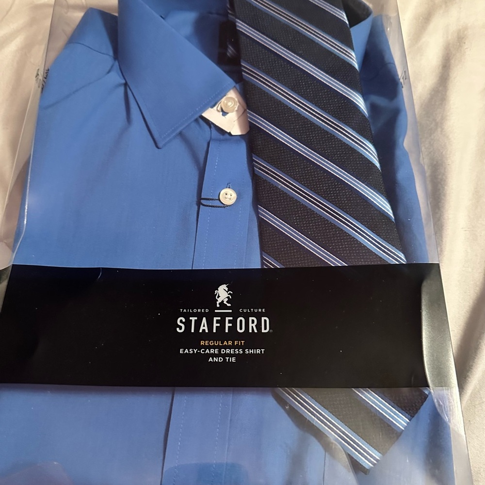 Stafford Men's Classic Blue Dress Shirt with Striped Tie